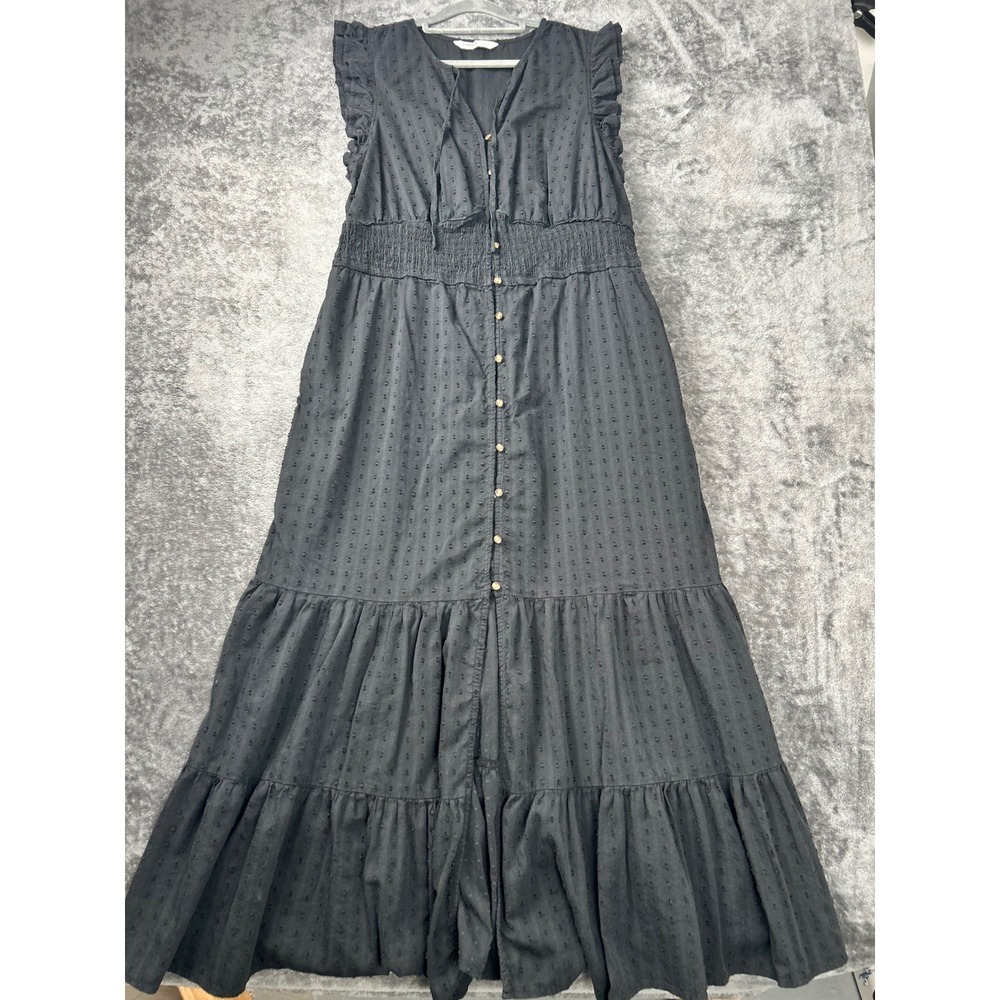 Sonoma Black Clip Dot Maxi Dress Sleeveless Button Front Smocked Waist 0X